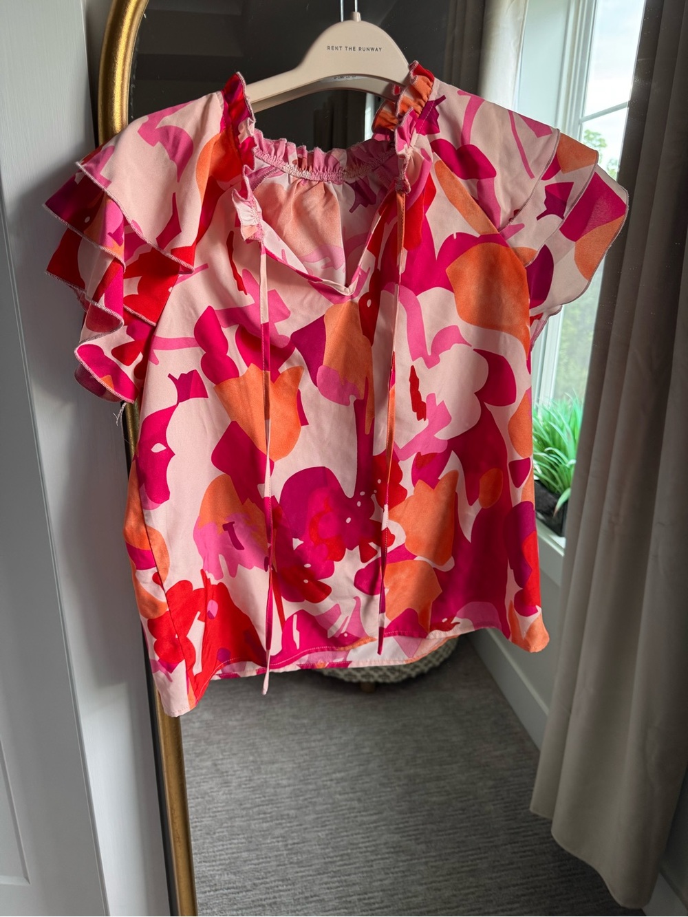 SHEIN Coral Pink & Orange Floral Tie-Neck Top